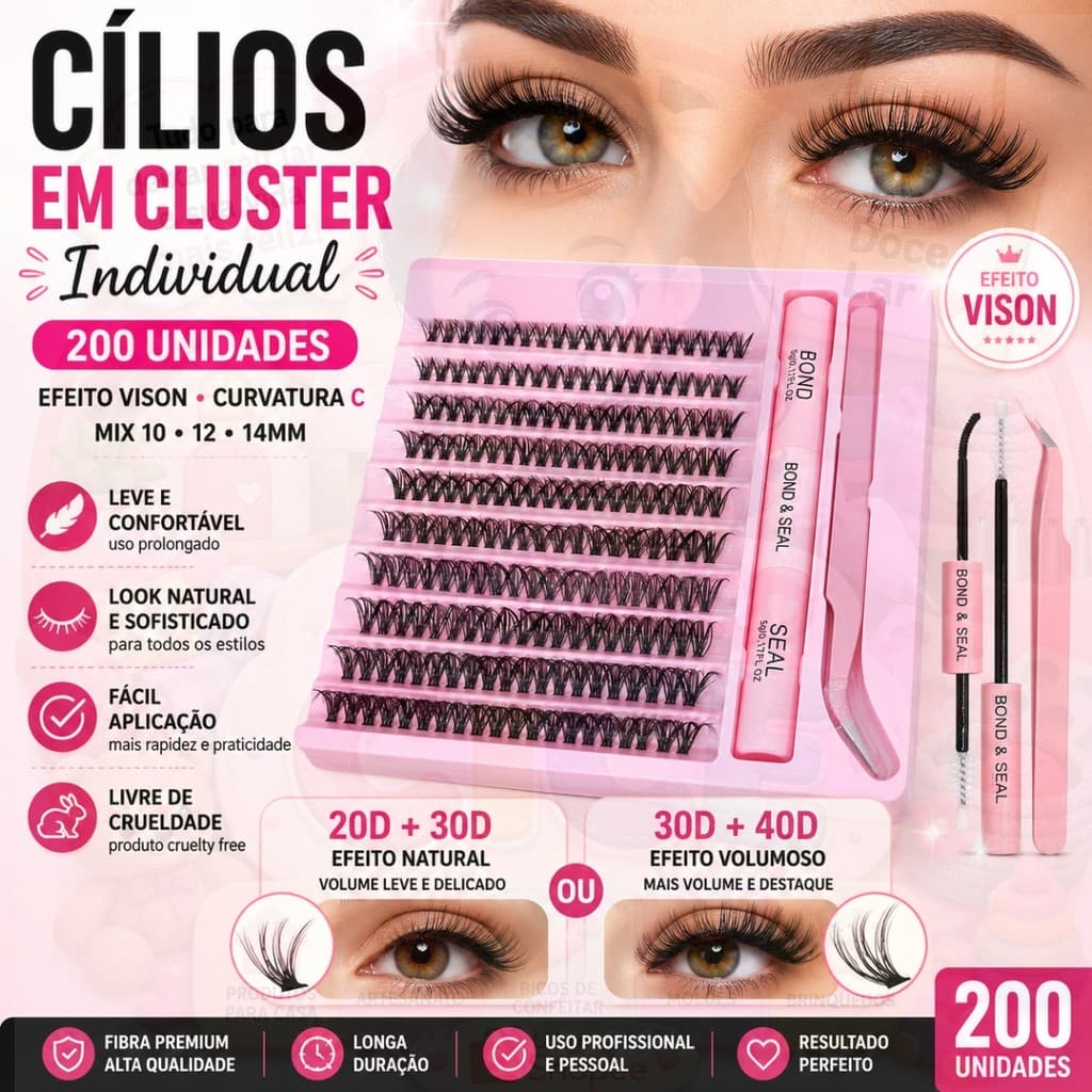 Cílios Em Cluster Individual 200 Unidades 20D 30D Ou 30D 40D Curvatura C Mix 10-14mm Efeito Vison