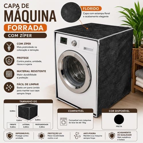 Capa Protetora Impermeavel Maquina Lavar Roupa Frontal Grande Com Ziper Preta