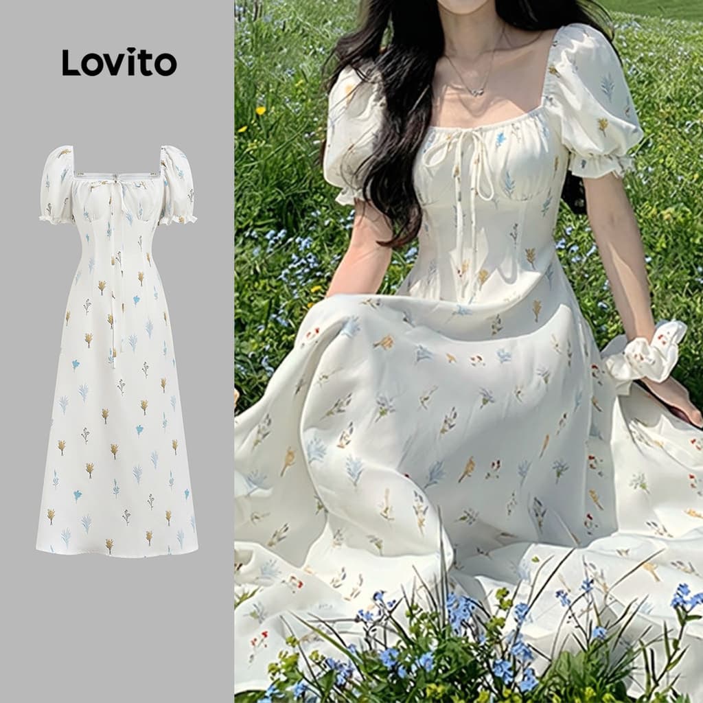 Lovito Longo Padrão de Vestido Casual Flores Estrutura Linha Primavera/verão Vestido para Mulheres LK4AD212