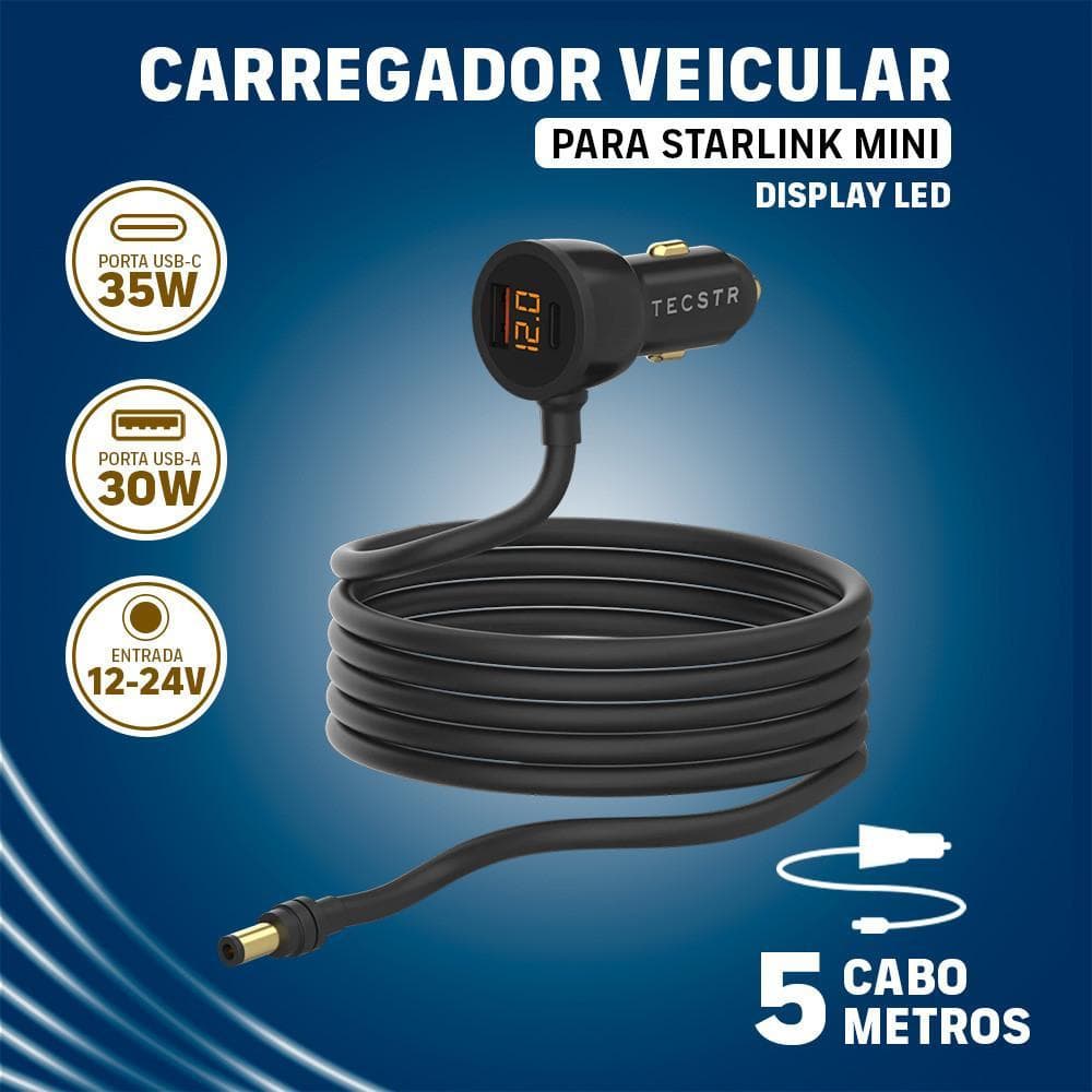 Carregador Veicular Tecstr Com 5 Metros Display Led Para Starlink Mini