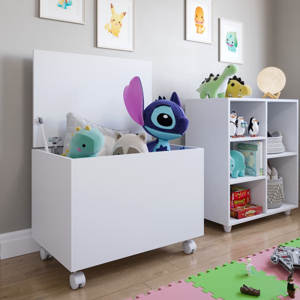 Baú Organizador Infantil Caixa de Brinquedos MDF Branco com Tampa | Pés ou Rodinhas