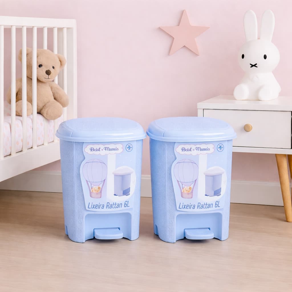 Kit 2 Lixeira Colorida Quarto Criança 6 Litros Rattan Tampa Pedal Banheiro Escritório Cor Azul