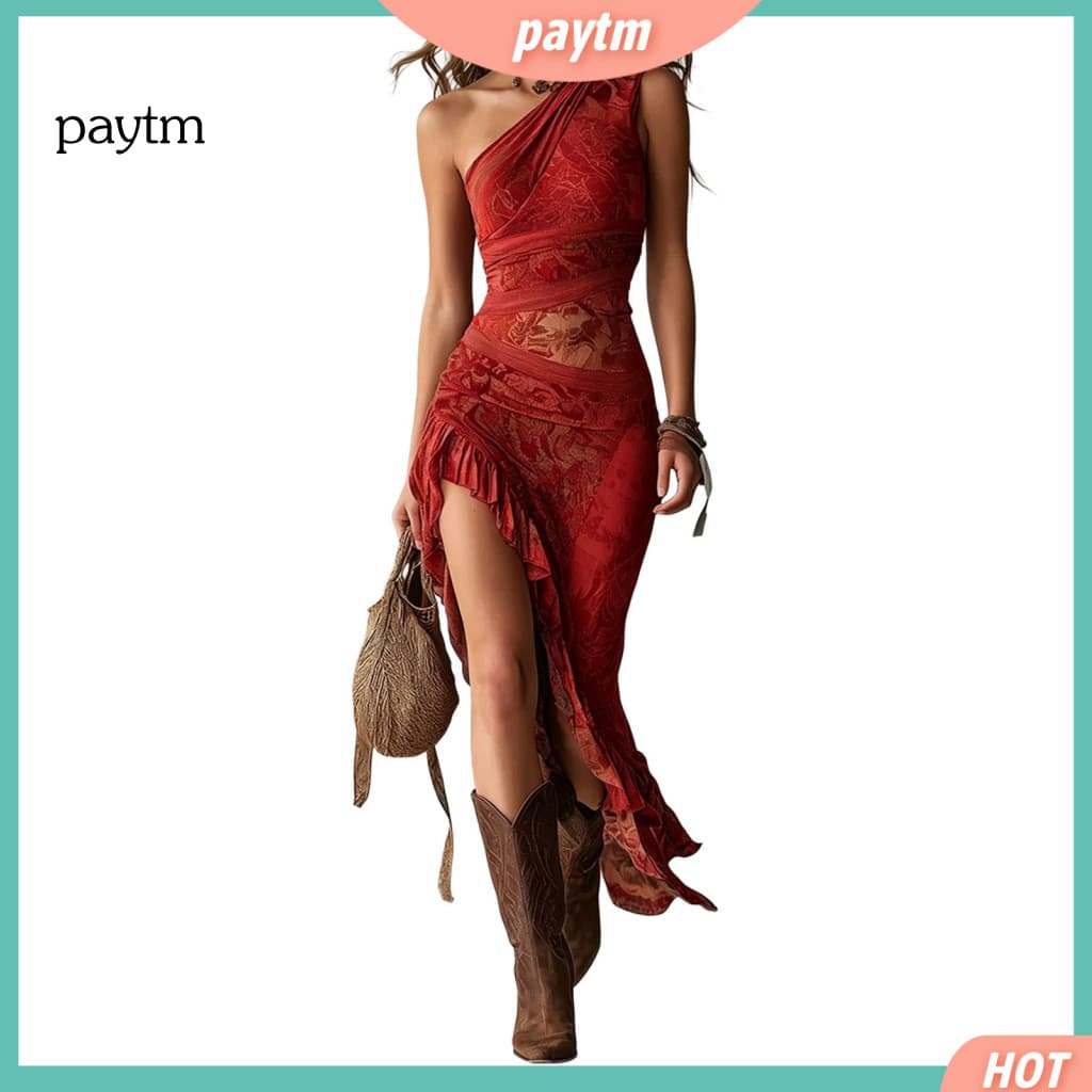 Office Party Dress Women Summer Pleated Women’s Floral Print One Shoulder Asymmetrical Ruffle Hem Bodycon Maxi Vintage