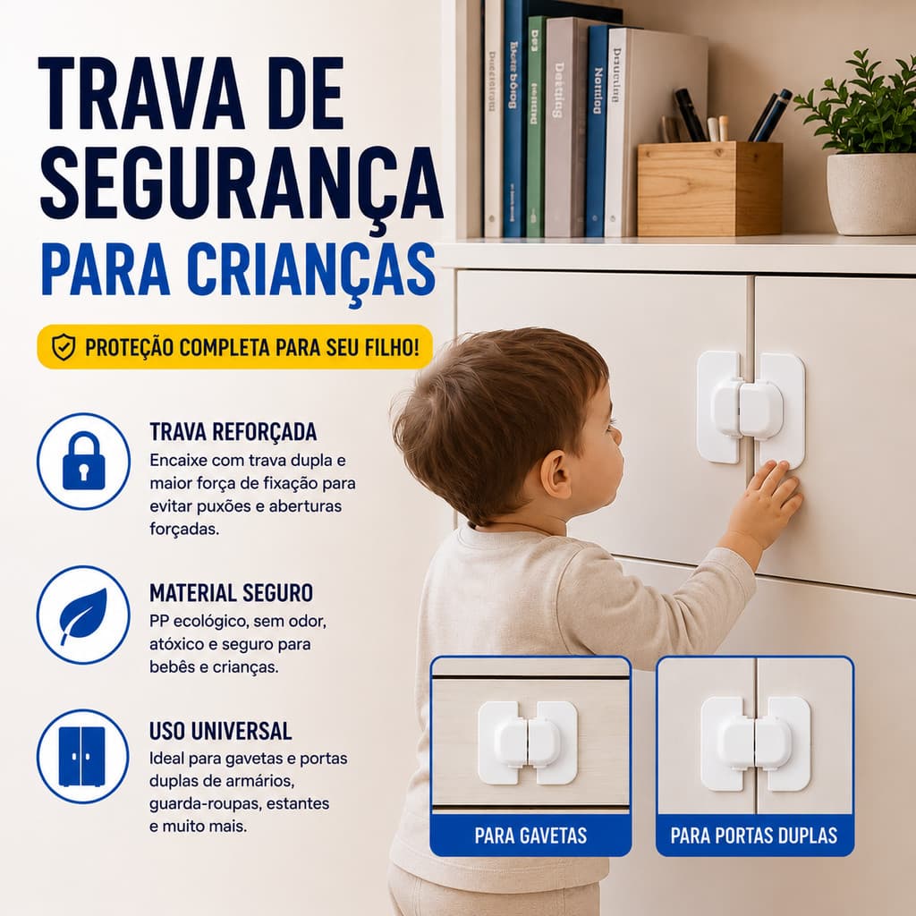 KIt Trava de Segurança para Geladeira Multifuncional sem Perfuração para Gaveta e Armário Trava Infantil Autoadesiva