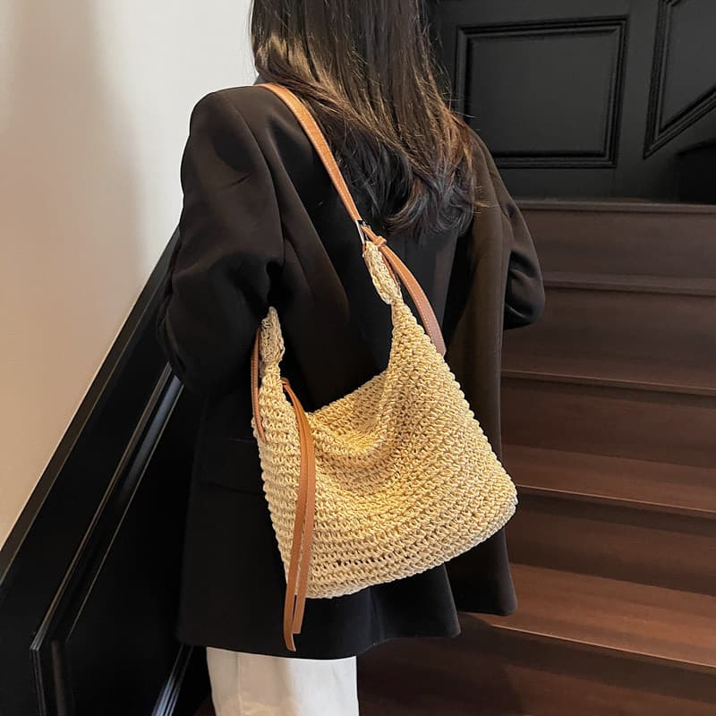 Bolsa feminina de tecido elegante de grande capacidade 2026 novo estilo Casual bolsa de palha transversal bolsa de praia