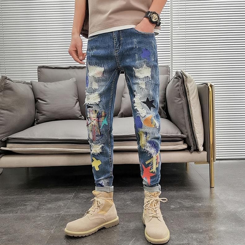 Homens tornozelo comprimento rasgado Jeans masculino Street Wear estilo fino versão coreana na moda calças bordadas magr
