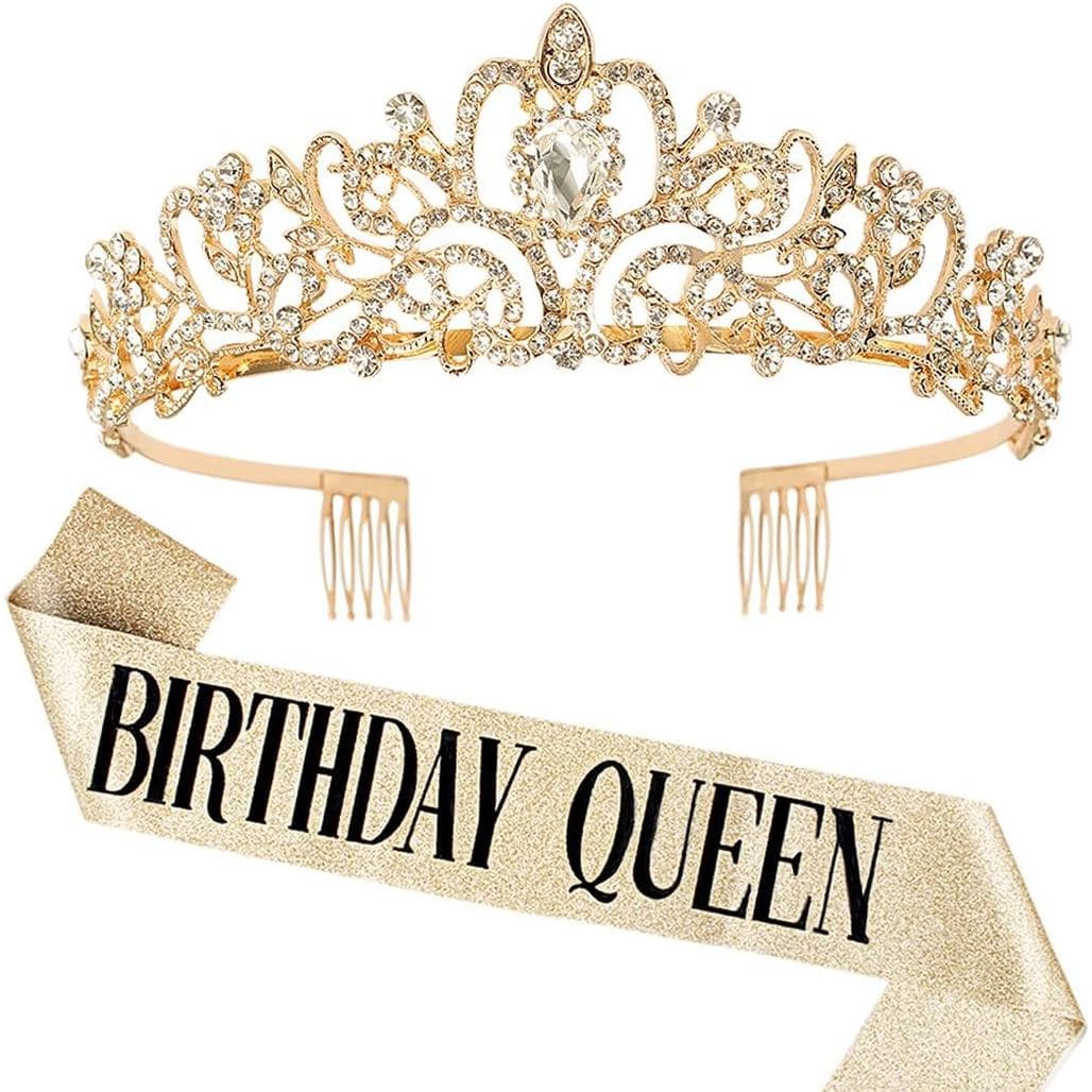 COCIDE Conjunto de Faixa de Aniversário Rainha e Tiara de Strass Dourada, Coroas de Feliz Aniversário para Mulheres, Kit