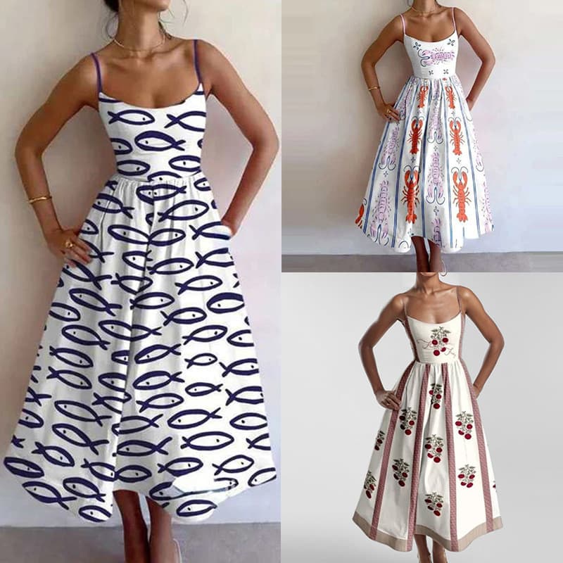 Vestido estampado da moda, saia longa plissada de cintura estreita, adequado para todos os dias