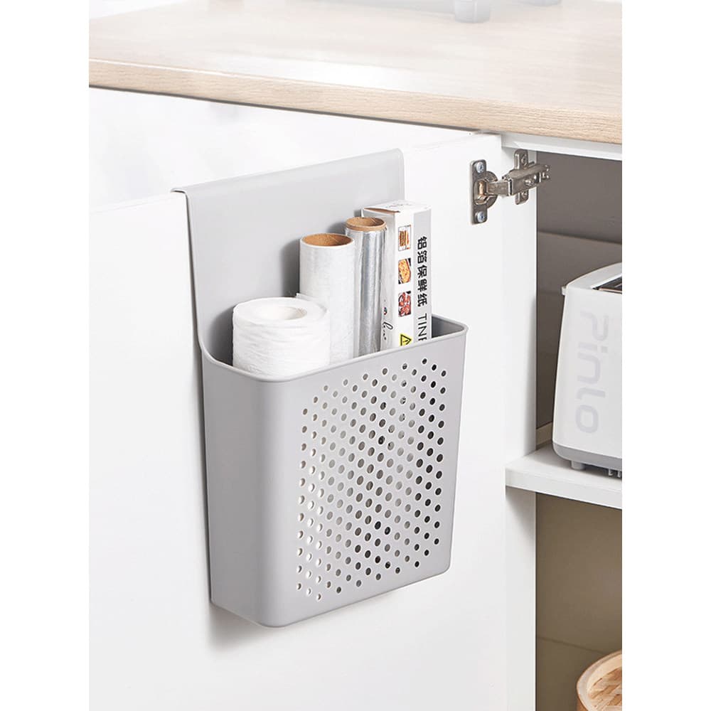 Cesta de armazenamento montada na parede para porta de armário doméstico estilo japonês, sem perfuração, oco, cinza, bra