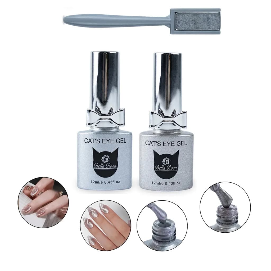 Kit 2 Esmalte Gel Magnético Olho De Gato Prata Rosé Imã 12ml