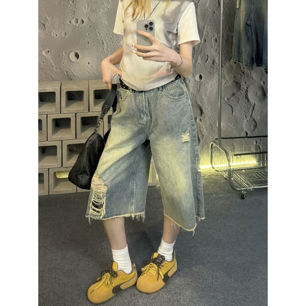 Tamanho grande gordura mm americano Retro rasgado Jeans calças de perna larga mulheres verão angustiado cintura alta sol