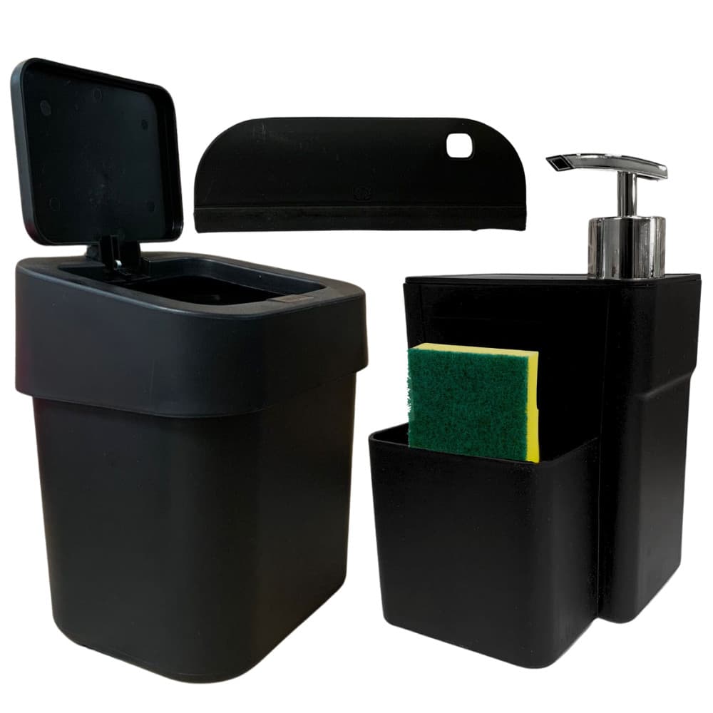 Kit Pia Cozinha Porta Detergente Com Bucha Rodinho E Lixeira