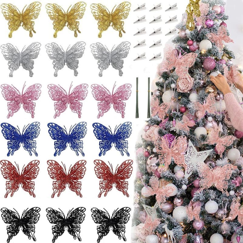 1 Peça Enfeite De Borboleta De Árvore De Natal Glitter Decorações Suspensas Camada Dupla Para Guirlanda Feriado Festa De