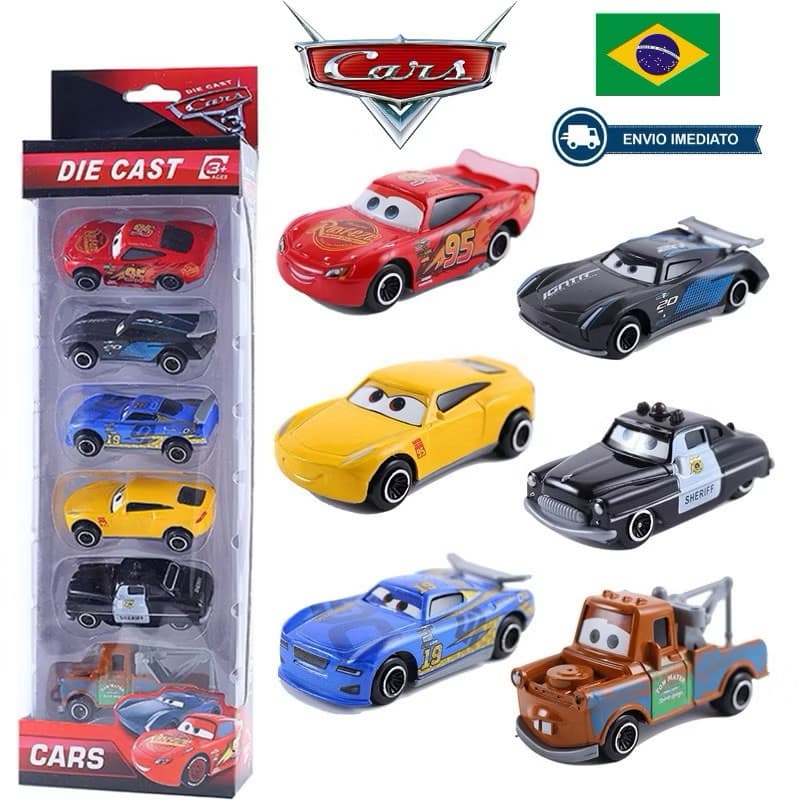 Kit 6 Carrinhos Cars Relâmpago McQueen Metal Diecast Miniatura 1:55 Infantil Coleção