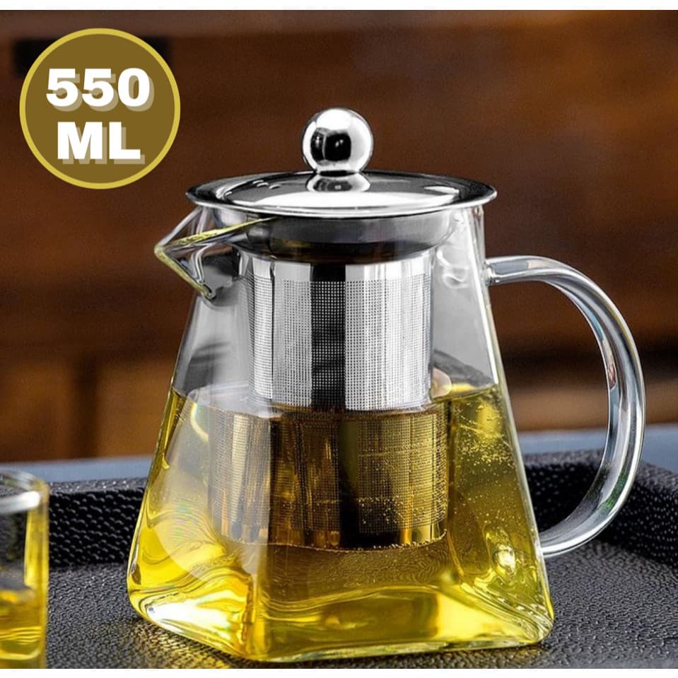 Chaleira Bule de Vidro Quadrada 550ml Borossilicato - Com Infusor de Aço Inox Resistente ao Fogo (Fogão) para Chá