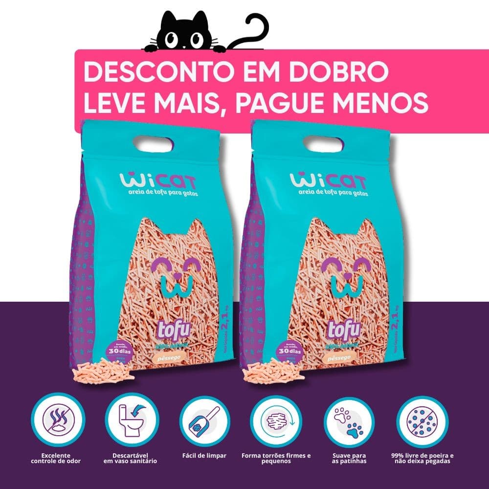 Kit 2 Areias Higienicas de Tofu Biodegradavel Wicat para Gato de Pessego 2.1Kg