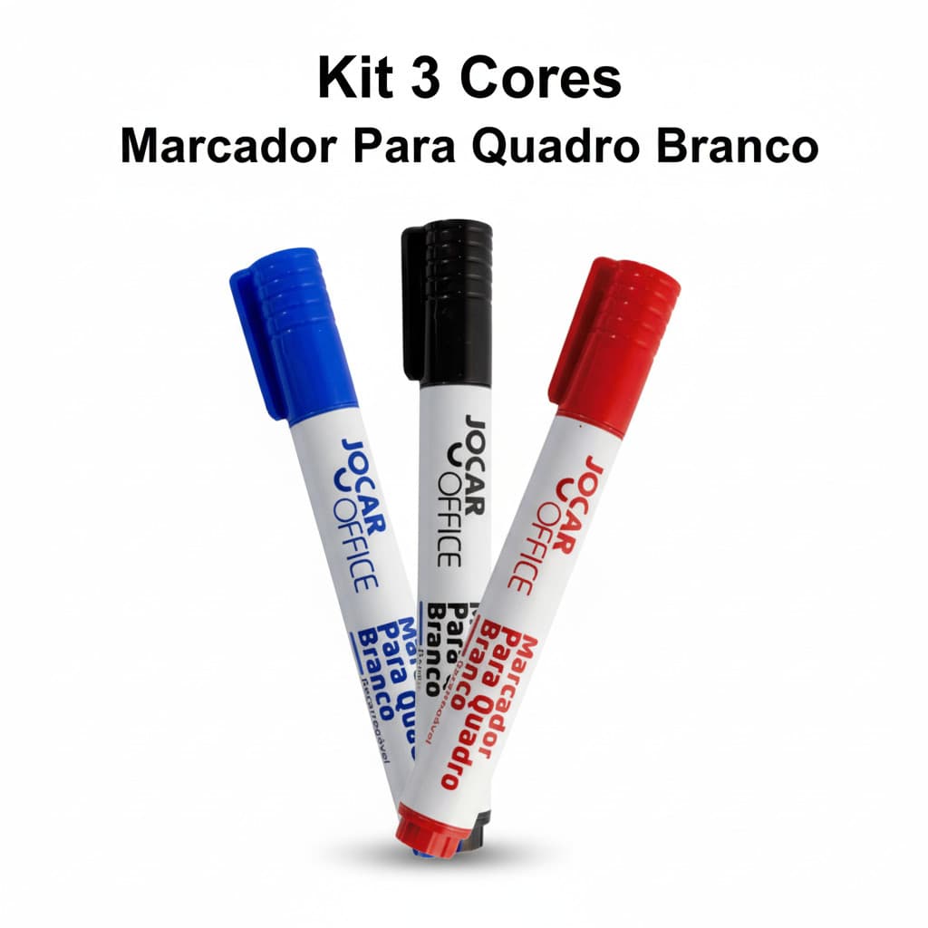 Kit 3 Pincel Marcadores de Quadro Branco Recarregável Azul Preto Vermelho Jocar office