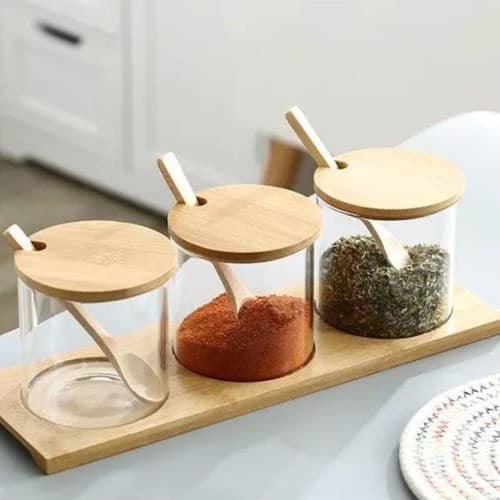 Kit 3 Potes Porta Temperos Condimentos Vidro Tampa Bambu Com Colher