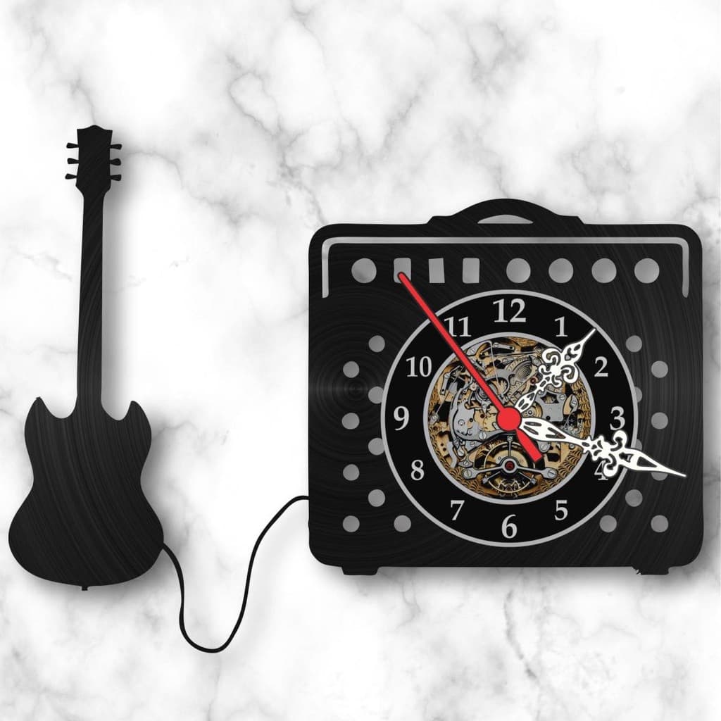 Relógio de Parede Disco de Vinil Guitarra E Amplificador Rock Bandas Musica Decorativo Retrô Vintage