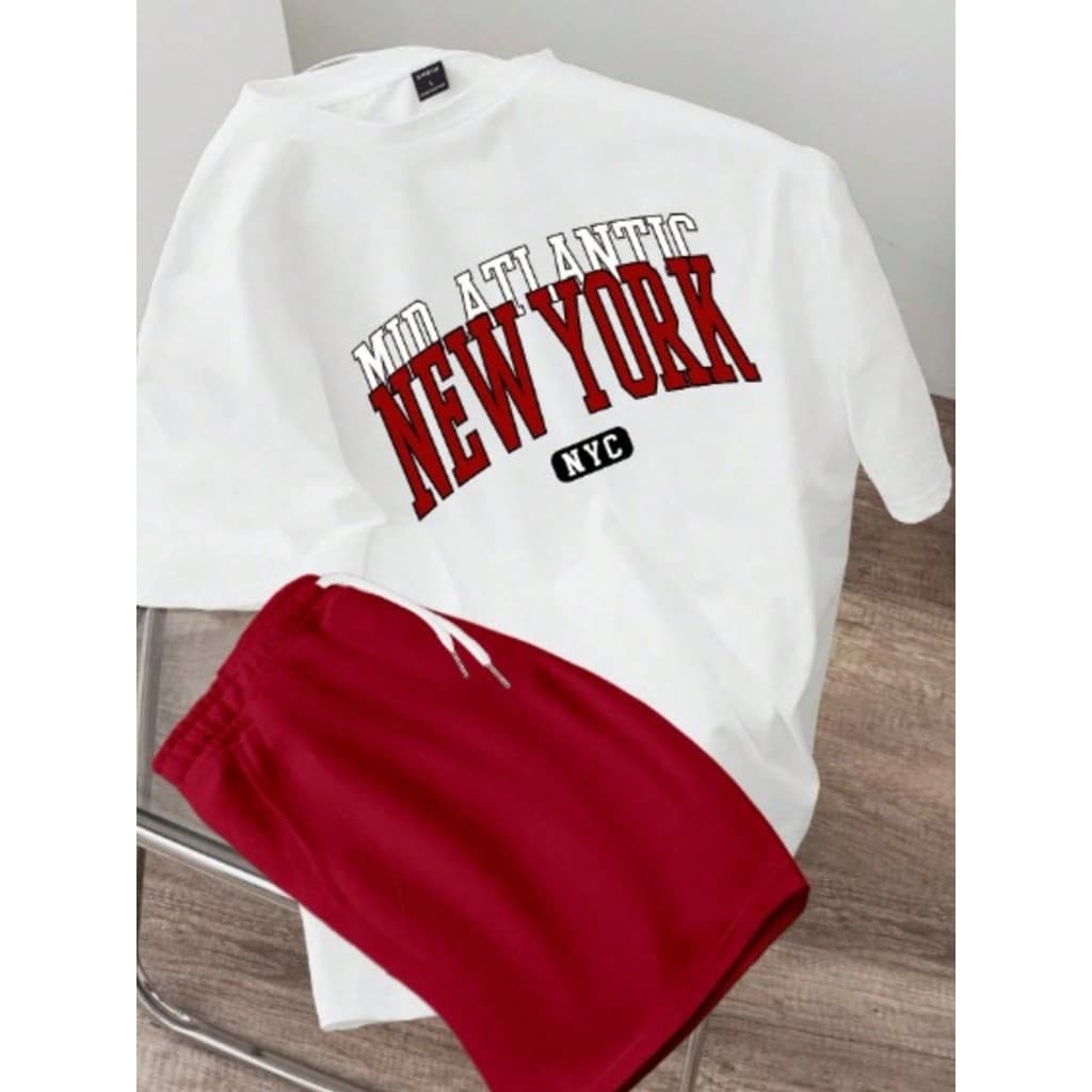 Kit Camiseta Branca + Bermuda de Moletom Modelo "Mid Atlantic New York Nyc, Escrito Vermelho" no Estilo Tumblr - PROMOÇÃ