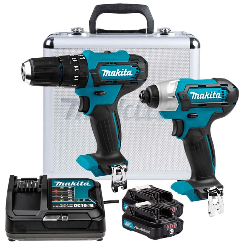 Parafusadeira/Fur Imp 3/8" HP333D + Parafusadeira Imp TD110D + 2 Baterias 12V 2Ah + Carregador + Maleta Makita CLX228SAX