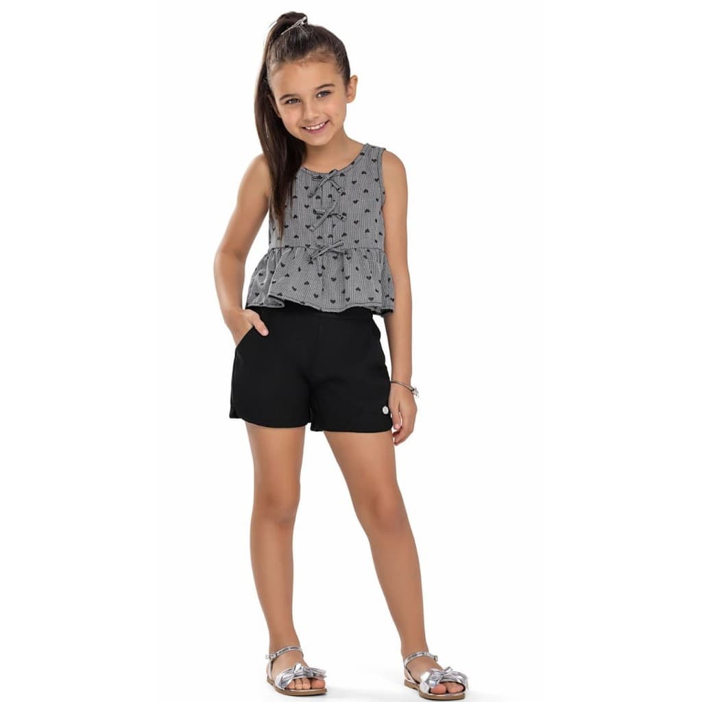 Conjunto Menina Angerô Blusa Laço e Shorts Alfaiataria Preto