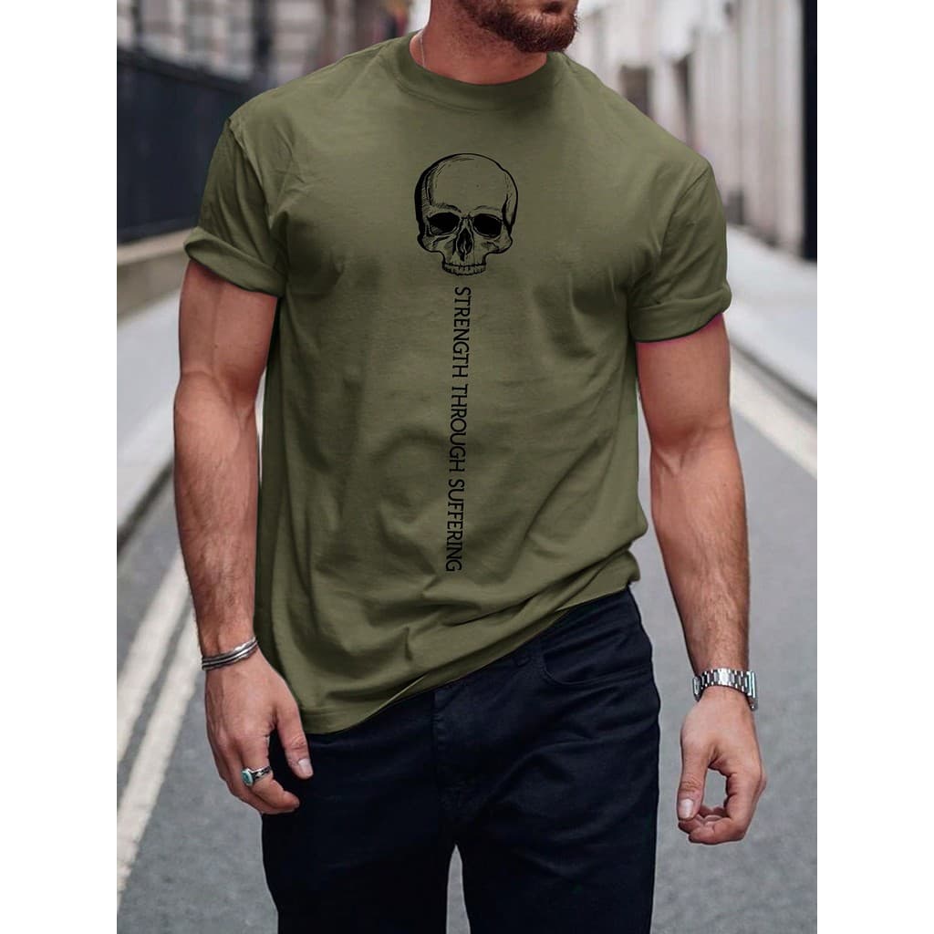 Camiseta de Manga Curta com Estampa Gráfica de Caveira e Slogan Masculina, Para Sair, Para Amigos