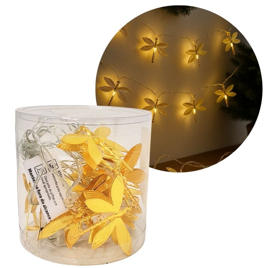 Cordão Iluminado Libélula Metal Dourado 10 Lâmpadas LED Branco Quente 1,5m