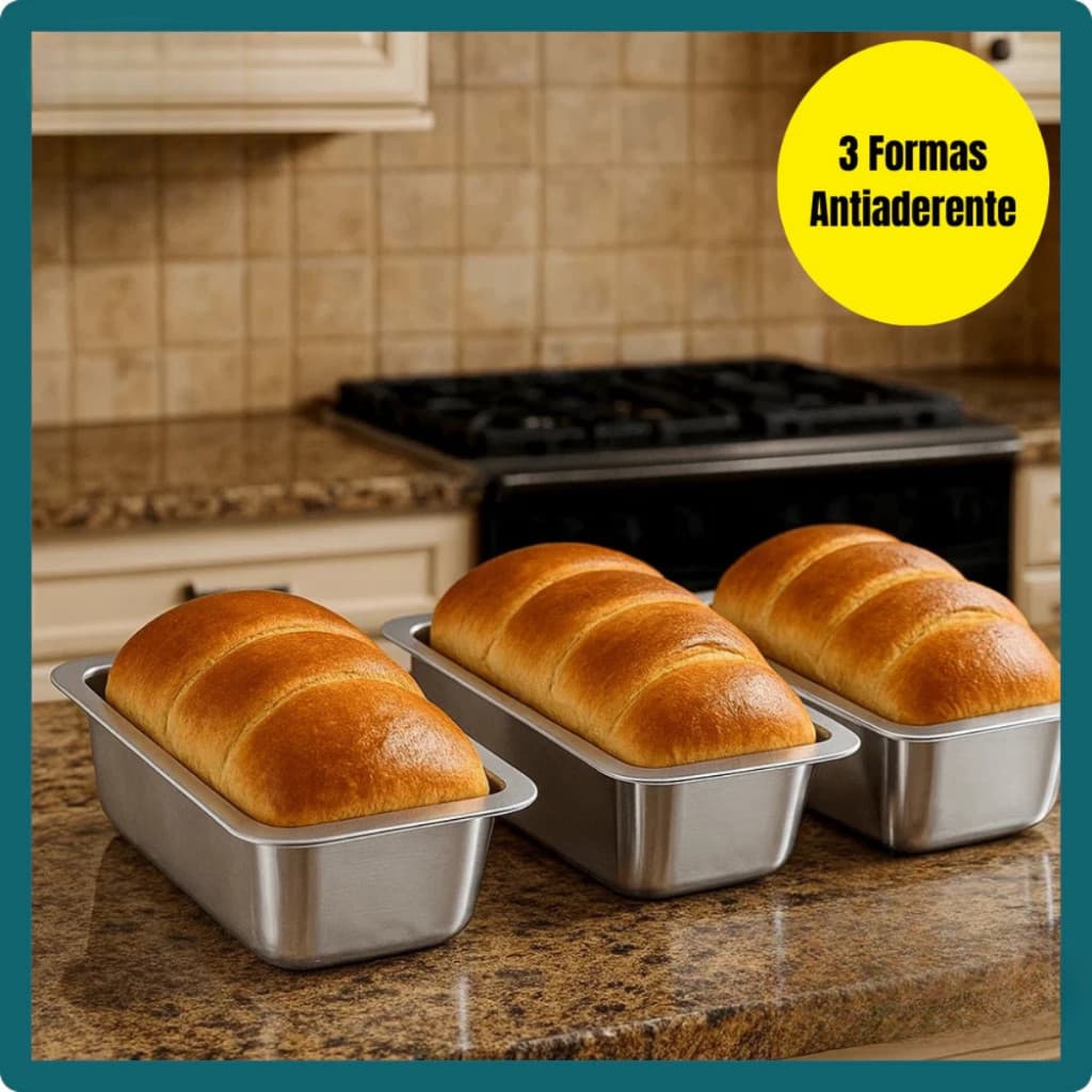 Conjunto com 3 Formas de Aluminio Retangular para Pao e Bolo Assadeira de Pao Caseiro Forno Cozinha