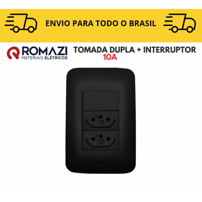 Tomada Dupla Com Interruptor linha canoa black romazi / 10A / 20A / Paralelo / Tomada Preta