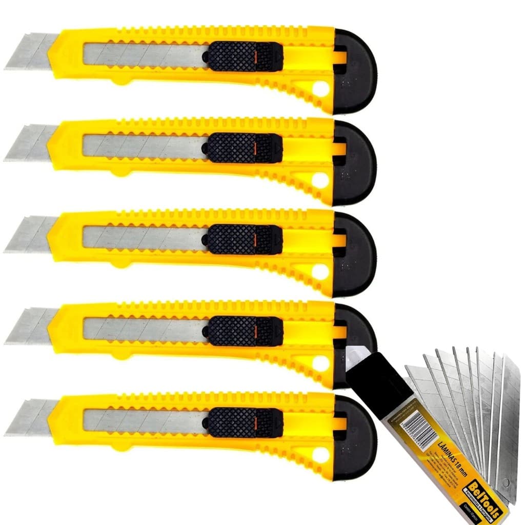 5 ESTILETE PLASTICO COM LÂMINA DE 18MM LARGO BELTOOLS + 10 LÂMINAS