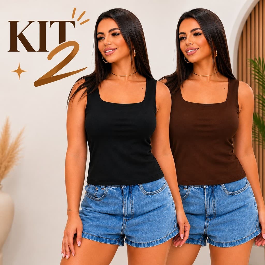 Kit 2 Regatas Femininas Decote Quadrado Blusa Suplex Premium Sem Manga Blusinha Básica Casual Verão