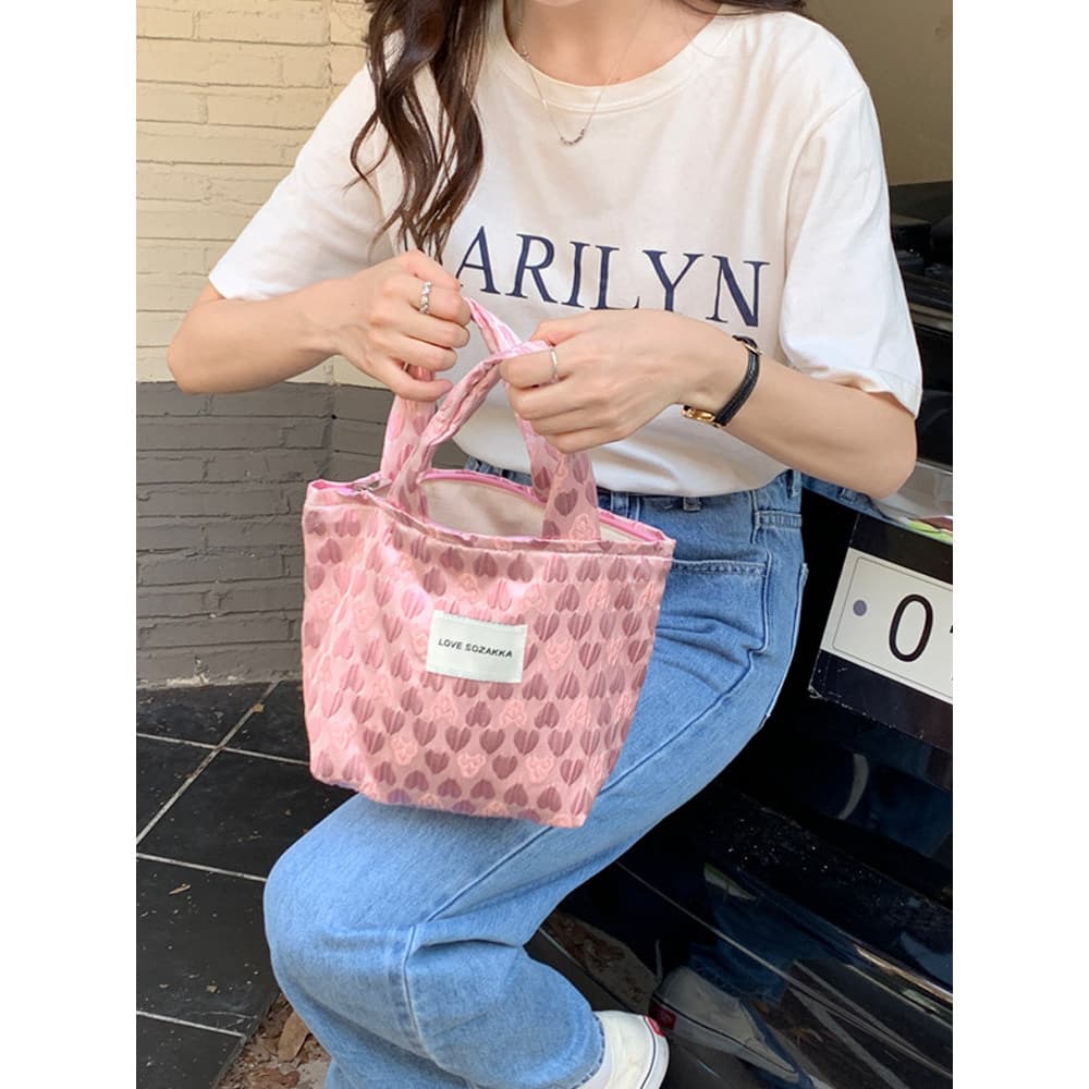 Pequeno coelho branco novo estilo portátil lancheira em relevo Jacquard lona saco de almoço bonito Casual mão-transporte