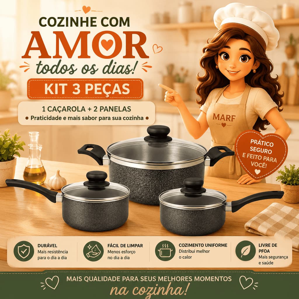 Kit 3 Caçarolas com Tampa de Vidro Reforçada Conjunto 3 Peças Tamanho N°16 e 18 Preto + Espátulas