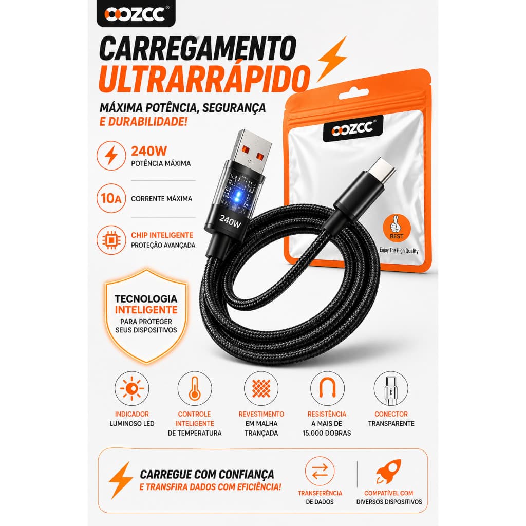 Cabo Carregador USB-A para USB-C 240W Reforçado com Chip Inteligente 1M