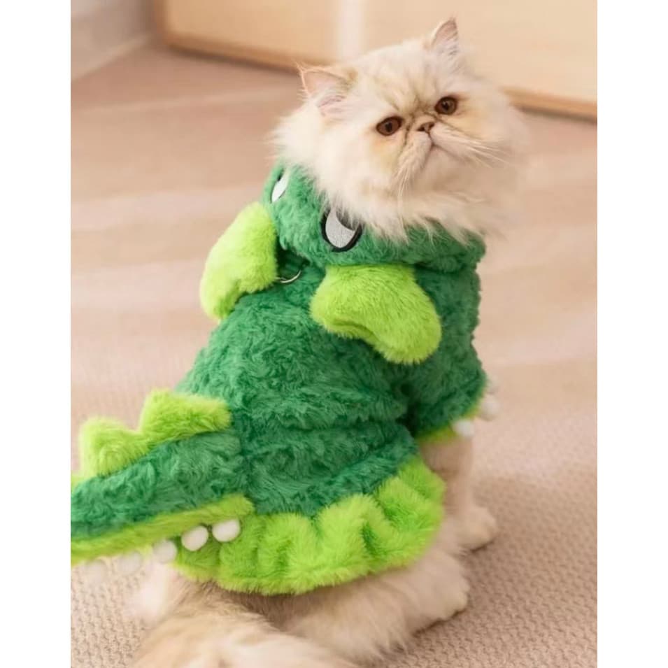 Vestido de Cachorro Gato Roupa Pet Dinossauro com Rabinho Capuz Quente