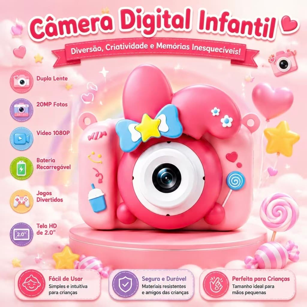 Câmera Infantil 20MP Lente Dupla 1080P HD Brinquedo Educacional Recarregável Com Jogos 2.0