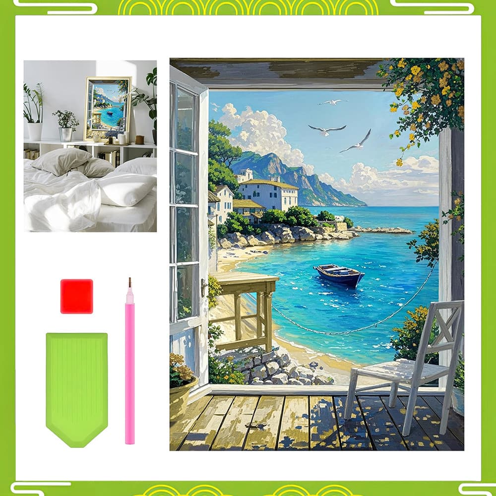 30 x 40 cm, Conjunto de Pintura artística de diamante quadrados DIY, Completos de arte com diamantes, Cabana à beira-mar