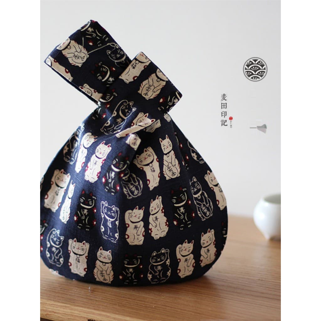 Campo de trigo impressão estilo japonês atado bolsa de pulso estilo japonês andando pequeno saco gato bonito tecido arte