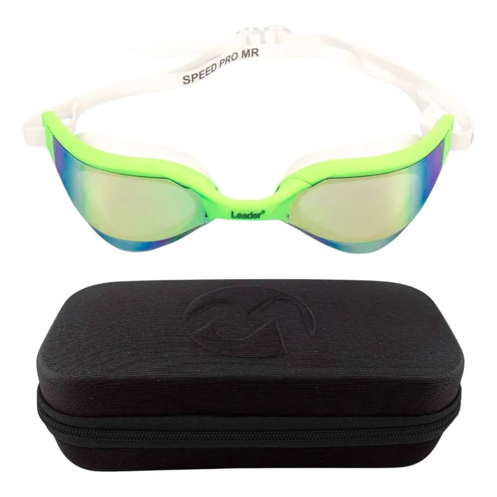 Óculos Natação Leader Speed Pro verde + Estojo Medinas Logo Preto
