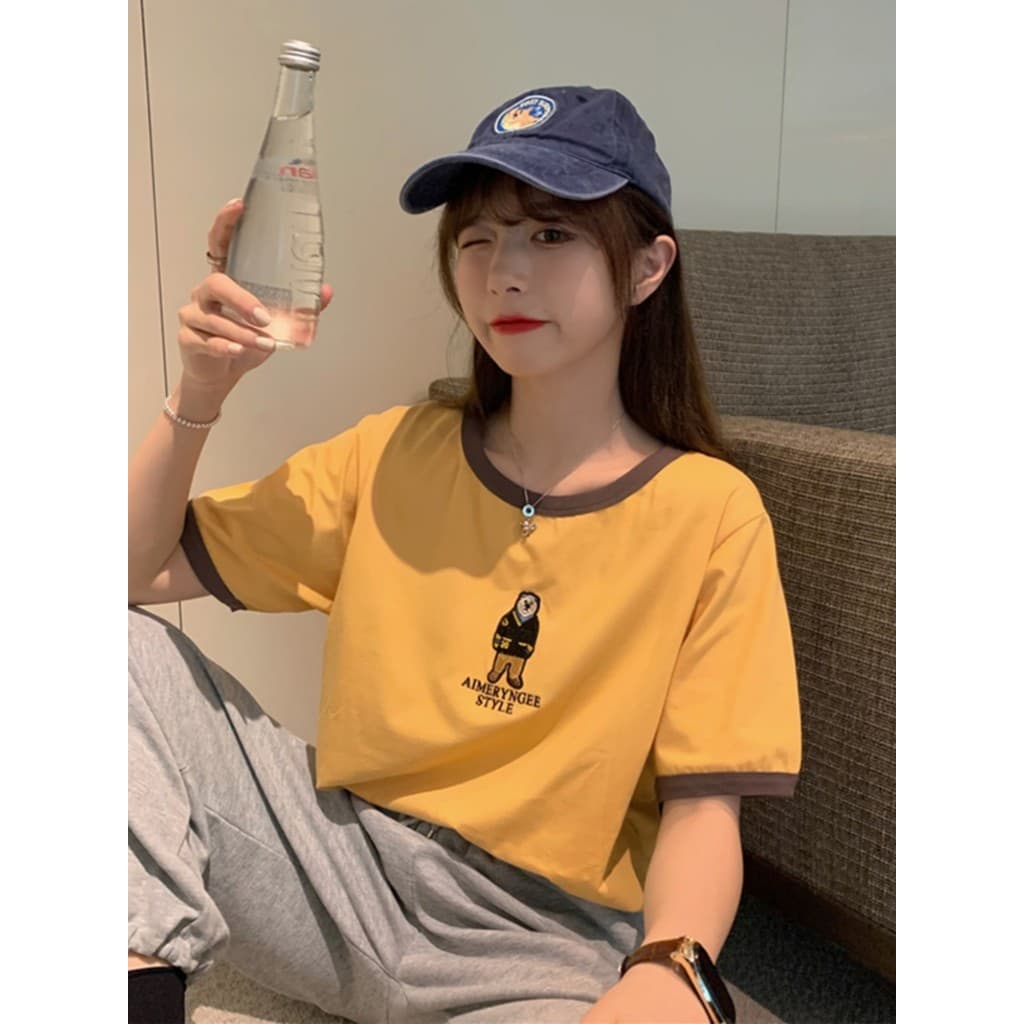 Urso bordado de manga curta camiseta feminina verão 2026 novo estilo Design sentir nicho solto mais magro olhar Formal S
