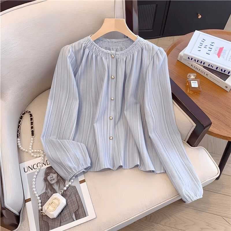 2025 francês listrado azul camisa de manga comprida feminina outono doce redução de idade moda solta topo