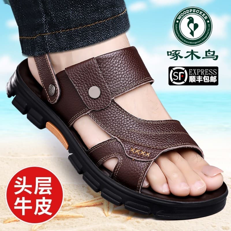 Woodpecker sandálias masculinas de couro genuíno Casual sapatos de praia verão respirável primeira camada sola macia dup