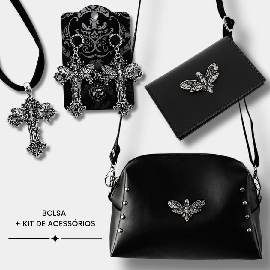 Kit  Bolsa Carteira Choker e Brincos Mariposa Caveira Gótico Dark Mísitco
