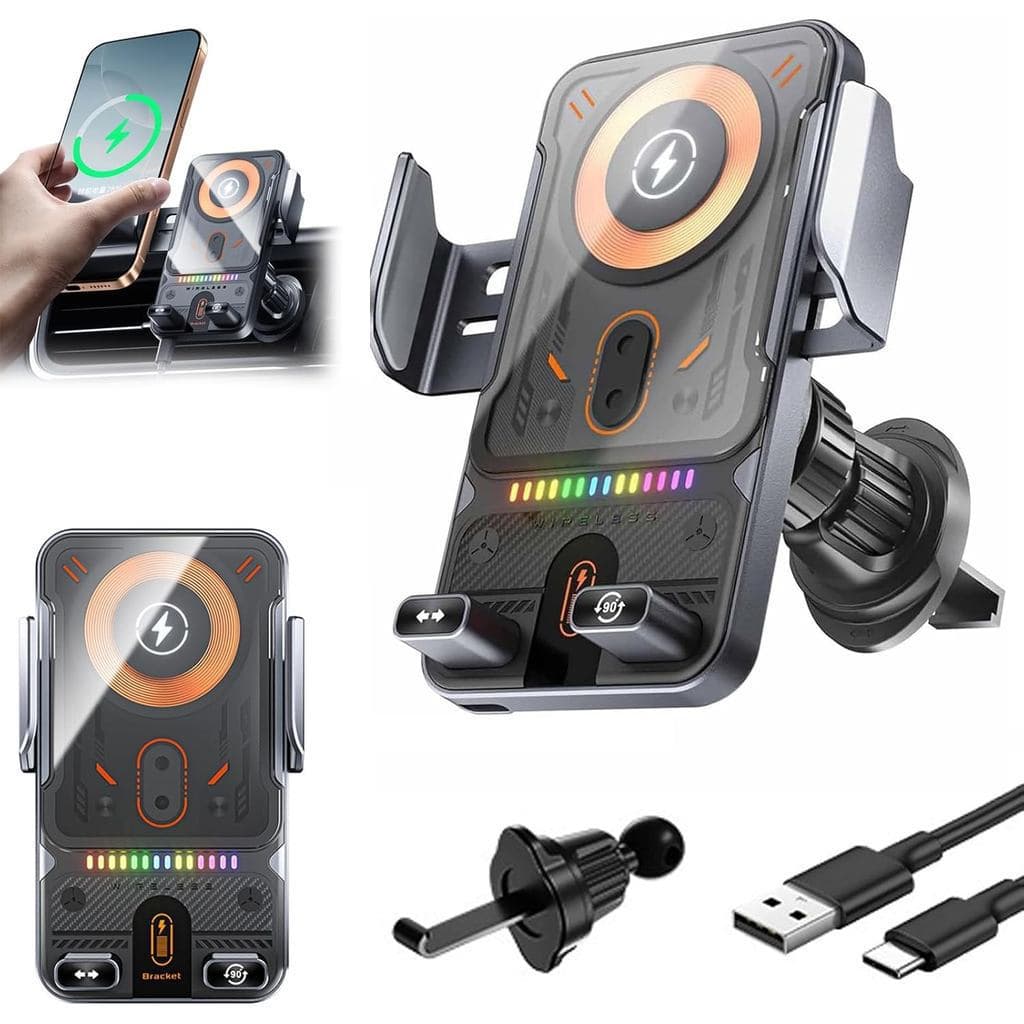 Suporte de celular inteligente 2 em 1 para carro, com rotação automática e carregamento sem fio, suporte de celular Qi d