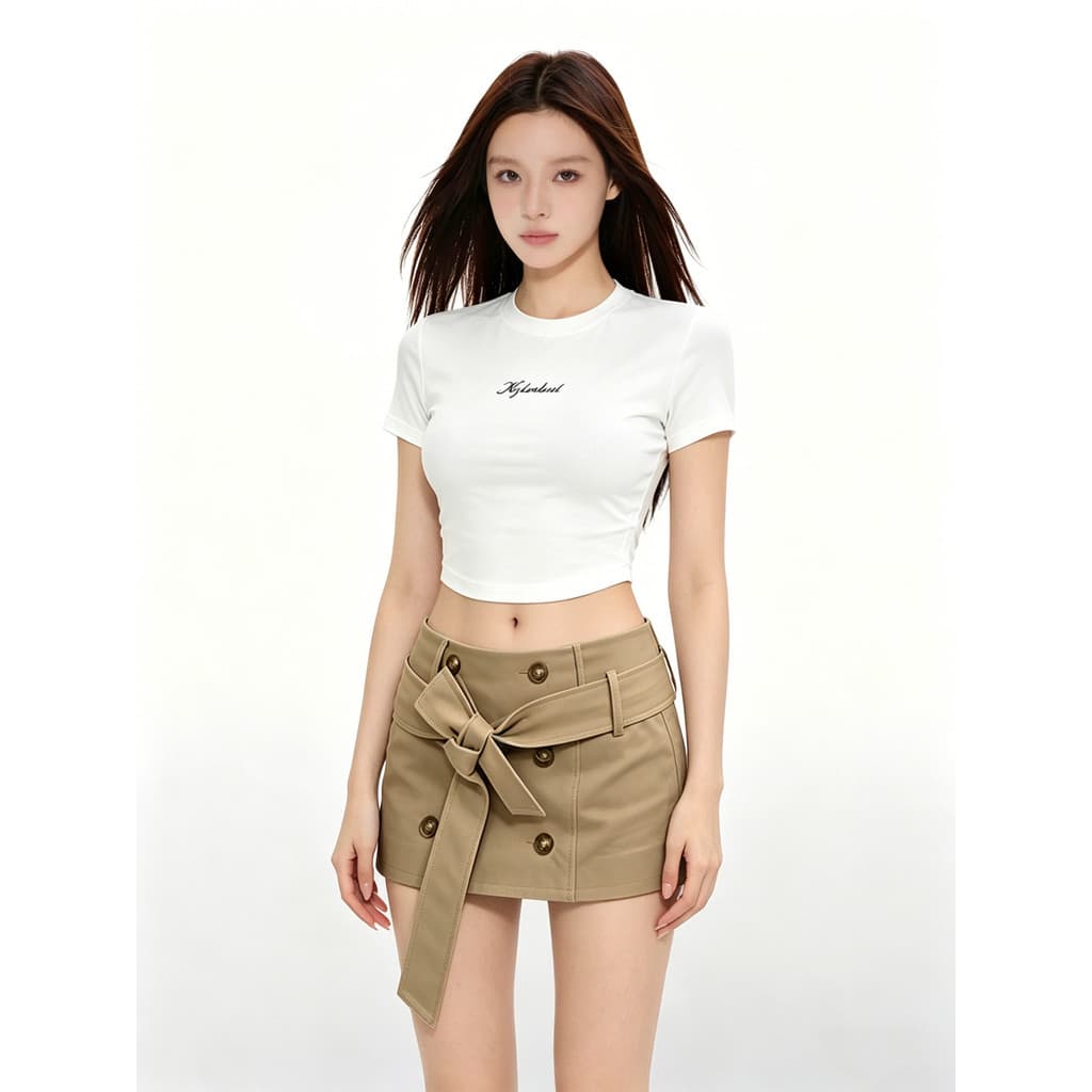 VERUMI carta impressa branco curto camiseta feminina cintura baixa pacote Hip saia curta 2026 Super quente verão um conj