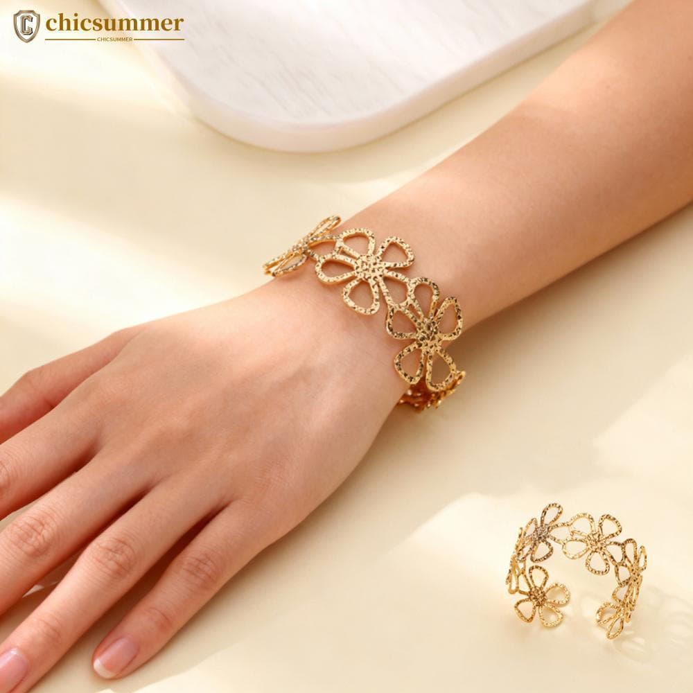 CHICSUMMER Ouro Oco Flor Aberta Manguito Pulseira Delicada Flora De Aço Inoxidável Moda Punk Jóias Acessórios Para Prese
