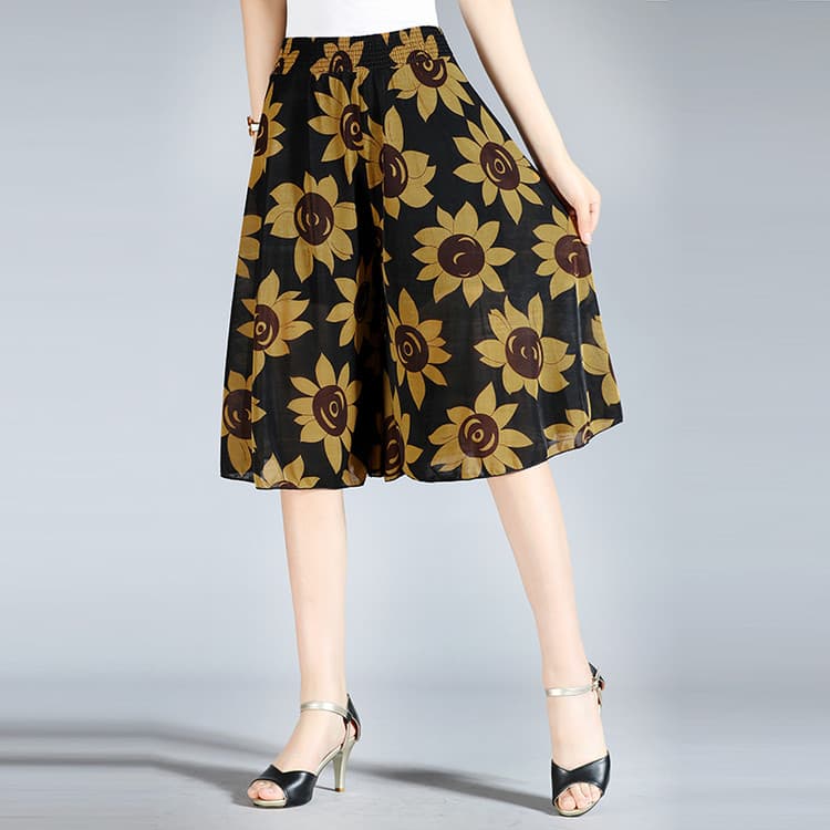 Verão Floral Culottes solto calças cortadas Casual cintura elástica mãe usar calças médias estilo fino dança quadrada ca