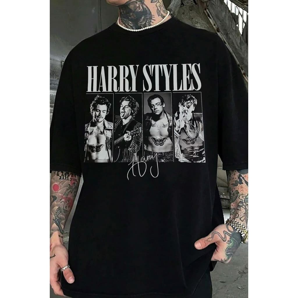 Camiseta Masculina Feminina Estampa Harry Styles Collage Preto Branco T-shirt Unissex Streetwear Envio Imediato