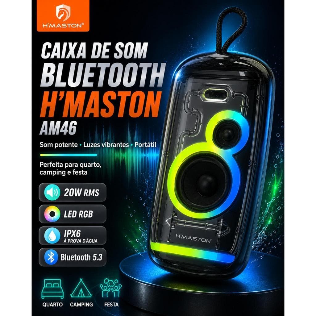 Caixa de Som Bluetooth H’MASTON AM46 20W RMS Portátil com LED RGB, IPX6, Bateria 3000mAh e TWS
